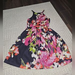 Vince Camuto Fit & Flare Floral Dress Womens Size 6 Sleeveless Zip High Neck